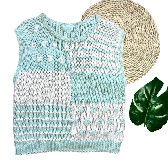Vintage Captivate Pastel Mint Blue Green Aqua Patchwork Knit Sweater Vest - Picture 1 of 14